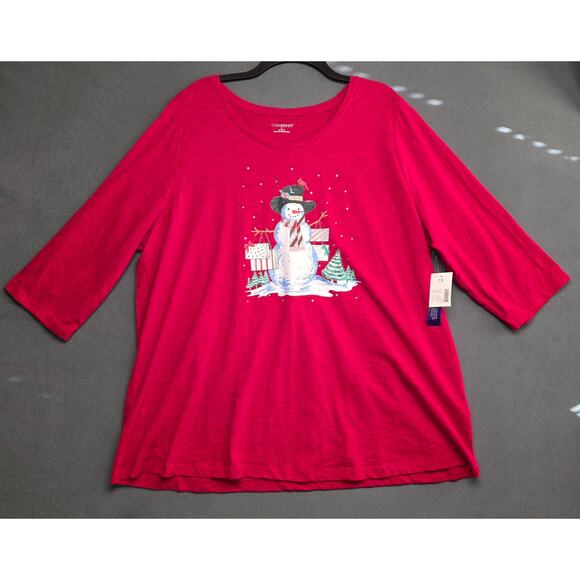 Catherines Christmas Snowman Shirt Womens 1X Red 3/4 Sleeves Presents Red Bird - Picture 1 of 8